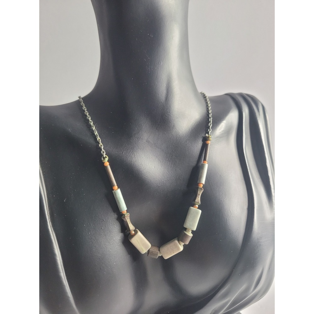 Artisan Geometric Ceramic Stone Bead Necklace Earthy Sage Grey Boho Barrel Clasp